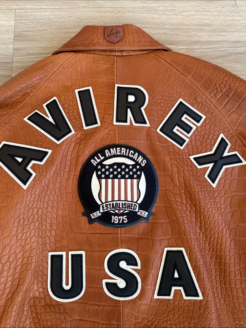 Avirex Croc-Embossed Tan/Brown Bomber Jacket with Crest Patch - Picture 10 of 10